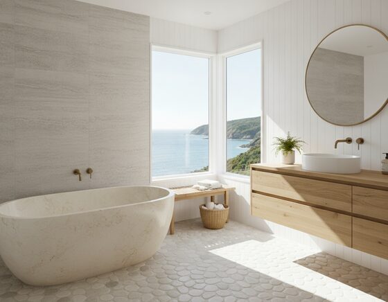 Bright coastal-style bathroom with white tiles and natural timber accents