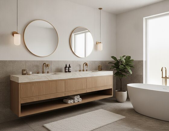 Renovated bathroom with a double vanity, stone benchtop and twin mirrors