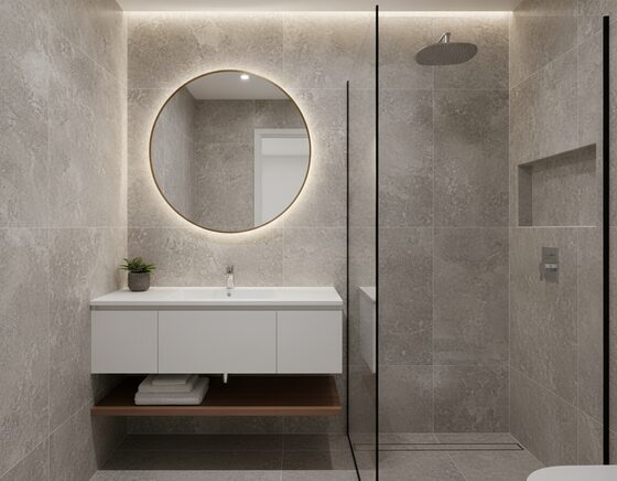 Compact renovated ensuite with stone-look tiles and a glass shower screen