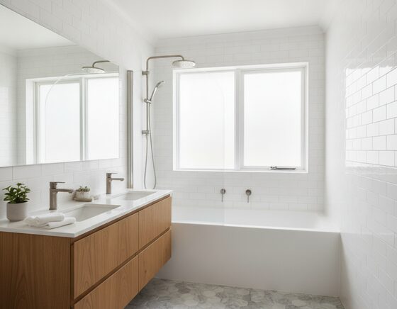 Bright renovated family bathroom with white subway tiles and a timber vanity