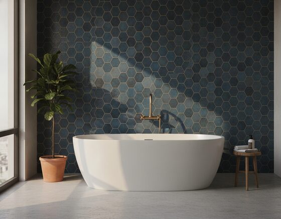 Freestanding bath against a feature tiled wall in a renovated bathroom