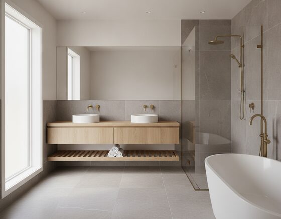 Renovated modern bathroom with a wall-hung timber vanity and large-format tiles