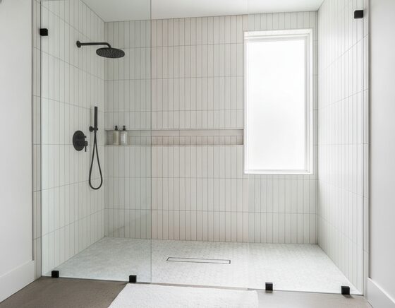 Walk-in shower with frameless glass and matte black tapware in a renovated bathroom
