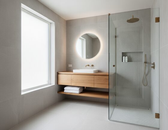 Freshly renovated modern bathroom with large-format tiles and a floating vanity